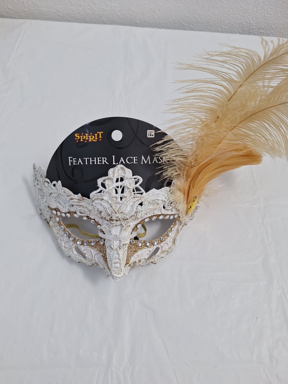 Spirit White Lace Masquerade Mask with Gold Feather